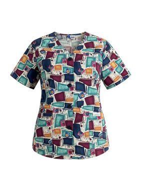 Landau Womens Printed Scrub Top V-Neck Short Sleeve Medium Multicolor